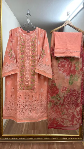 Pakistani Original Adan’s Libas Luxury Lawn Stitched 3 Pcs _ Peach 